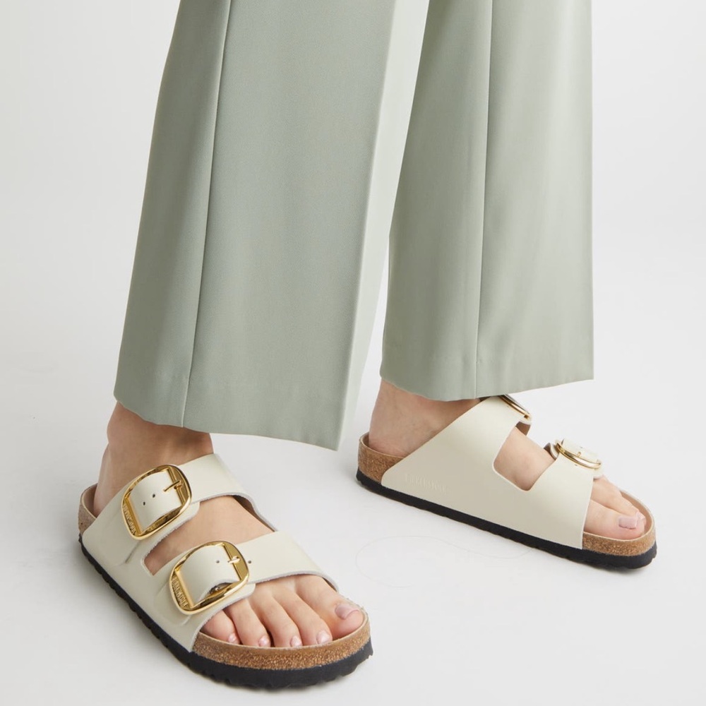 Birkenstock Cream Double-Buckle Sandals with Gold Buckles